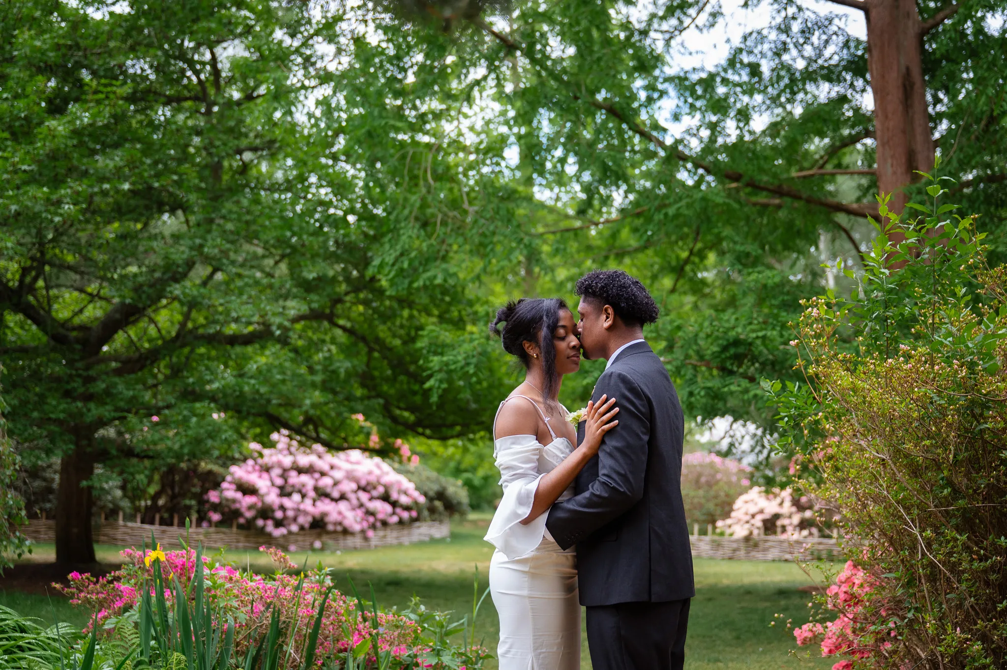 Couple sharing a gentle kiss among blooming azaleas under tall trees in Richmond Park